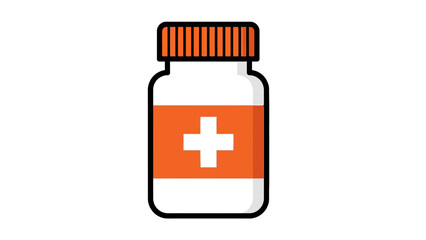 Fototapeta premium A white prescription bottle with an orange label and cap. A white cross is on the label