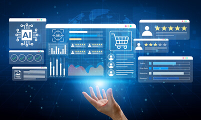 A modern digital interface showcasing data analysis elements includes graphs, reviews, and...