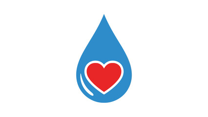 A stylized image of a blue water droplet containing a red heart in the center on a white background
