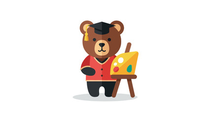 A brown bear in a red jacket and black pants, wearing a graduation cap, holding an easel