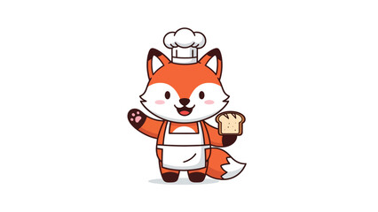 A cartoon fox baker, smiling and holding bread, wearing a chef's hat and apron
