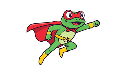 A cartoon frog in a superhero costume, flying with a red cape and mask