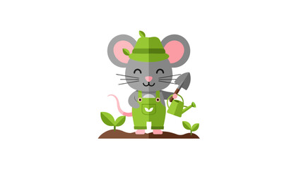 A smiling rodent wearing overalls and a hat, gardening with a watering can and a shovel