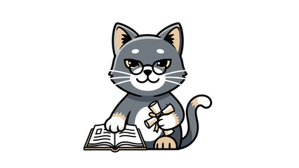 Adorable cartoon cat wearing glasses, reading a book, and holding a diploma