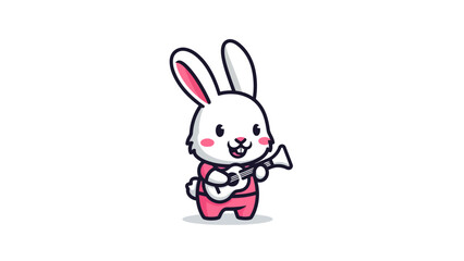 Adorable cartoon rabbit in pink outfit, playing an instrument on white background