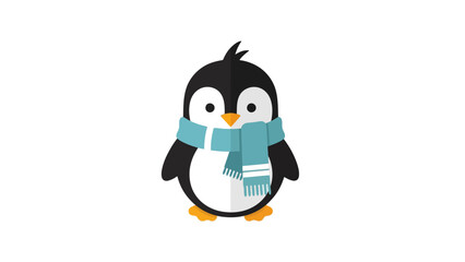 Cute cartoon penguin with a blue scarf, standing upright against a white background
