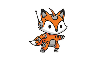 A cute orange and gray robot fox with big eyes, antenna, and robotic parts on white background