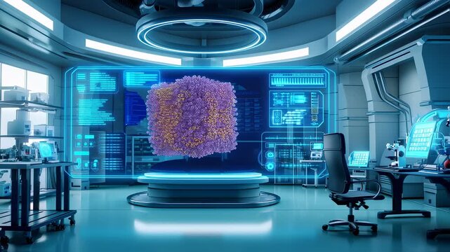Futuristic lab interior with holographic displays, molecular model, and workstations