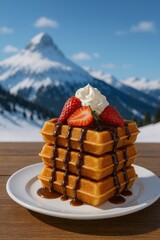 Stack of waffles topped with chocolate syrup, whipped cream, and strawberries against snowy mountains at a ski resort
