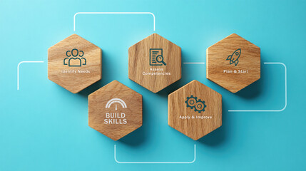 Wooden hexagon blocks with icons and text identify needs assess competencies plan and start build skills apply and improve representing skill building concept and professional development process