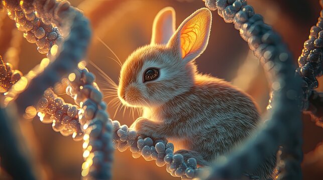 A miniature rabbit nestled within a glowing DNA helix - Powered by Adobe