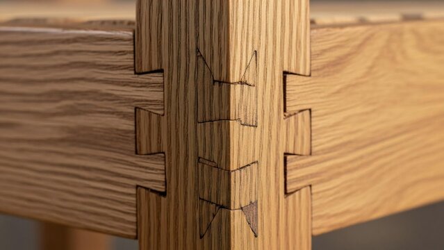 Close-up of precise handcrafted dovetail joint in natural oak wood