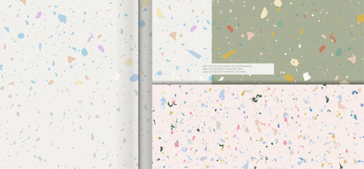 Set seamless terrazzo patterns When the Cloud Dances 2026 Pattern for ceramics marble natural stone. Vector stock illustration textured shapes in vibrant colors