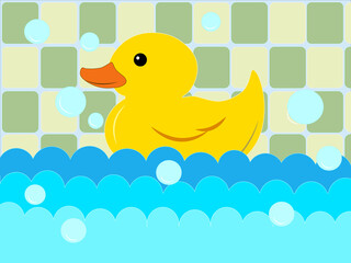 Cute rubber duck in the bath with bubbles and colorful tiled background.