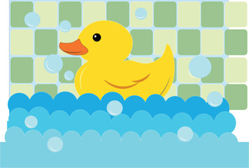 Cute rubber duck in the bath with bubbles and colorful tiled background.