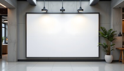 Blank Canvas in Modern Interior: A large, empty canvas dominates a contemporary interior setting, illuminated by focused lighting, presenting a pristine space for visual content or display.