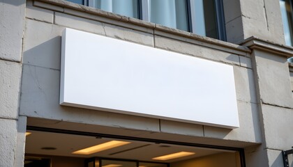 Fototapeta premium Blank Signboard on Building Facade: An empty signboard hangs above a building entrance, its clean, minimalist design hinting at the possibilities within. Perfect for advertisement purposes. 