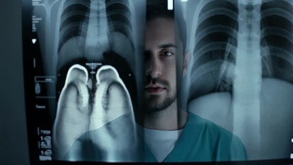 A focused male doctor meticulously examines a patient's chest and lung x-ray scan, analyzing the diagnosis in a hospital clinic - Powered by Adobe