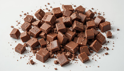 Pile of broken milk chocolate chunks on clean white background with scattered crumbs, sweet dessert ingredient concept featuring rich texture and minimal food styling for design use
