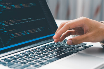 Digital technology, software development concept. Coding programmer, software engineer coding javascript on laptop computer screen, Agile development, digital technology, digital technology