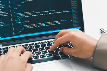 Digital technology, software development concept. Coding programmer, software engineer coding javascript on laptop computer screen, Agile development, digital technology, digital technology