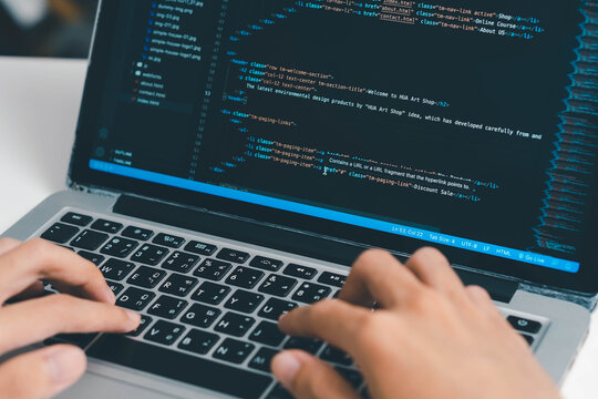 Digital technology, software development concept. Coding programmer, software engineer coding javascript on laptop computer screen, Agile development, digital technology, digital technology