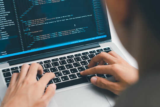 Digital technology, software development concept. Coding programmer, software engineer coding javascript on laptop computer screen, Agile development, digital technology, digital technology