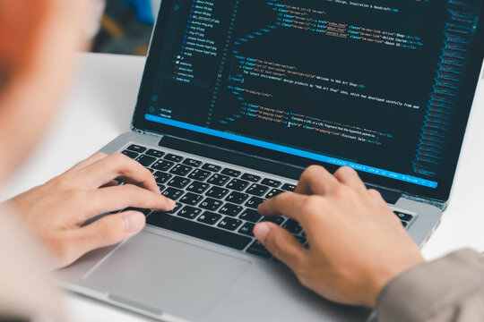 Digital technology, software development concept. Coding programmer, software engineer coding javascript on laptop computer screen, Agile development, digital technology, digital technology
