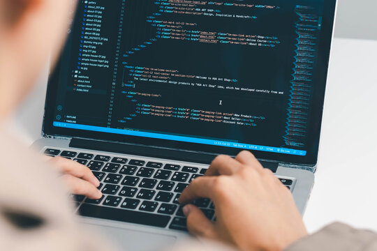 Digital technology, software development concept. Coding programmer, software engineer coding javascript on laptop computer screen, Agile development, digital technology, digital technology