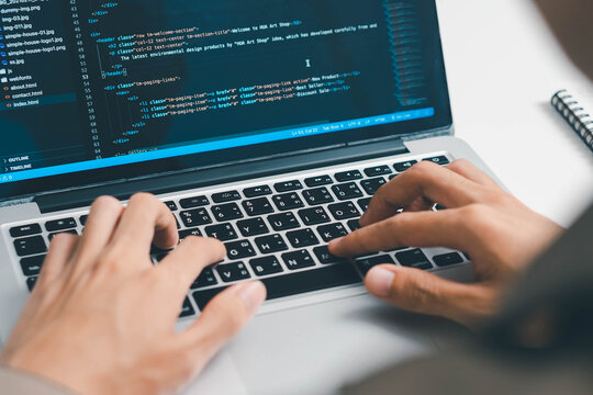 Digital technology, software development concept. Coding programmer, software engineer coding javascript on laptop computer screen, Agile development, digital technology, digital technology