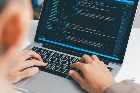 Digital technology, software development concept. Coding programmer, software engineer coding javascript on laptop computer screen, Agile development, digital technology, digital technology - Powered by Adobe