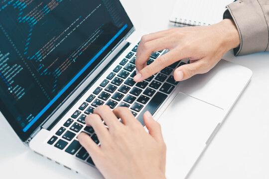 Digital technology, software development concept. Coding programmer, software engineer coding javascript on laptop computer screen, Agile development, digital technology, digital technology