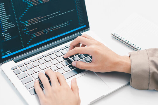 Digital technology, software development concept. Coding programmer, software engineer coding javascript on laptop computer screen, Agile development, digital technology, digital technology
