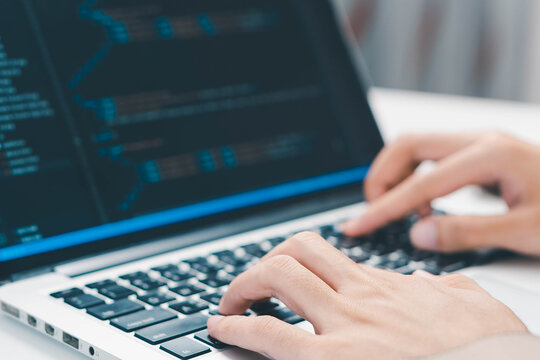 Digital technology, software development concept. Coding programmer, software engineer coding javascript on laptop computer screen, Agile development, digital technology, digital technology
