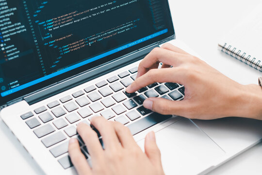 Digital technology, software development concept. Coding programmer, software engineer coding javascript on laptop computer screen, Agile development, digital technology, digital technology