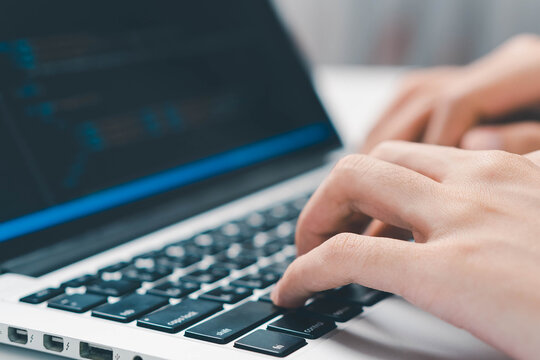Digital technology, software development concept. Coding programmer, software engineer coding javascript on laptop computer screen, Agile development, digital technology, digital technology