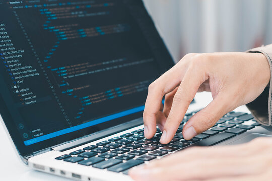 Digital technology, software development concept. Coding programmer, software engineer coding javascript on laptop computer screen, Agile development, digital technology, digital technology