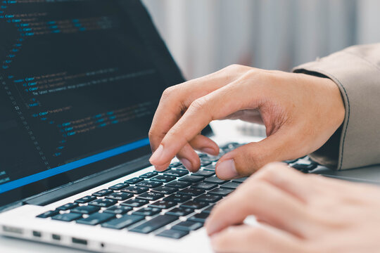 Digital technology, software development concept. Coding programmer, software engineer coding javascript on laptop computer screen, Agile development, digital technology, digital technology