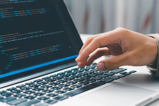 Digital technology, software development concept. Coding programmer, software engineer coding javascript on laptop computer screen, Agile development, digital technology, digital technology
