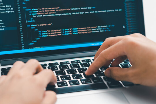 Digital technology, software development concept. Coding programmer, software engineer coding javascript on laptop computer screen, Agile development, digital technology, digital technology