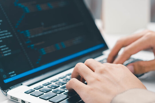 Digital technology, software development concept. Coding programmer, software engineer coding javascript on laptop computer screen, Agile development, digital technology, digital technology