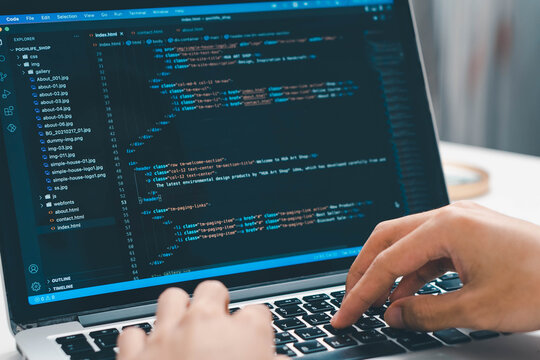 Digital technology, software development concept. Coding programmer, software engineer coding javascript on laptop computer screen, Agile development, digital technology, digital technology