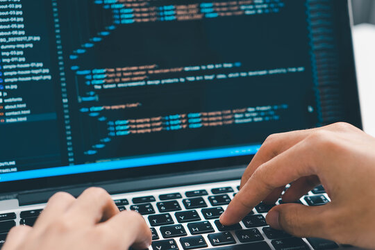 Digital technology, software development concept. Coding programmer, software engineer coding javascript on laptop computer screen, Agile development, digital technology, digital technology
