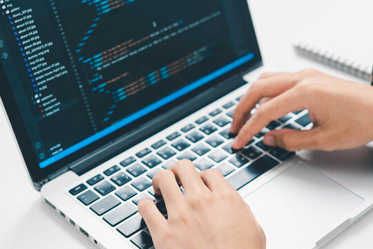 Digital technology, software development concept. Coding programmer, software engineer coding javascript on laptop computer screen, Agile development, digital technology, digital technology