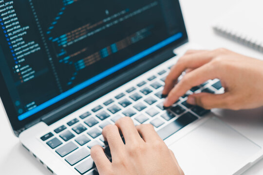 Digital technology, software development concept. Coding programmer, software engineer coding javascript on laptop computer screen, Agile development, digital technology, digital technology