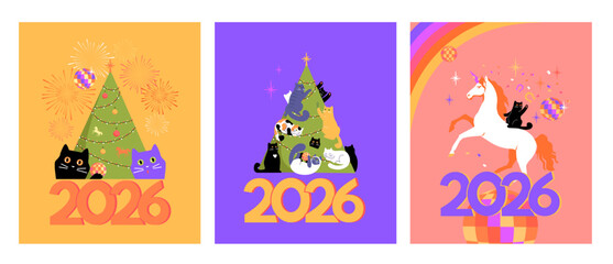 Funny posters with cats celebrating the New year. A cat on a horse plays with decorations, cats play with a Christmas tree