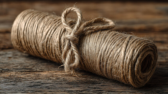 Roll of natural jute twine with a tied knot resting on a dark rustic wooden surface, symbolizing craft, rustic decor, or packaging
