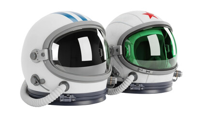 Astronaut helmet display at space exhibition science museum 3d render indoor close-up exploration theme. Isolated on transparent background, png.