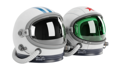 Astronaut helmet display at space exhibition science museum 3d render indoor close-up exploration theme. Isolated on transparent background, png.