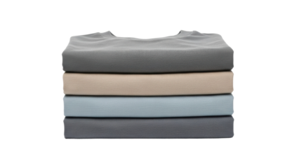 Stylish cotton t-shirts stacked neatly in a minimalist setting home decor lifestyle top view fashion. Isolated on transparent background, png.